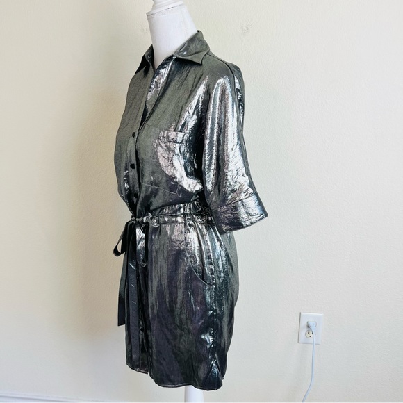 BCBGMaxAzria Silver Gunmetal Metallic Belt Tie Cinched Button Down Dress - Picture 4 of 14